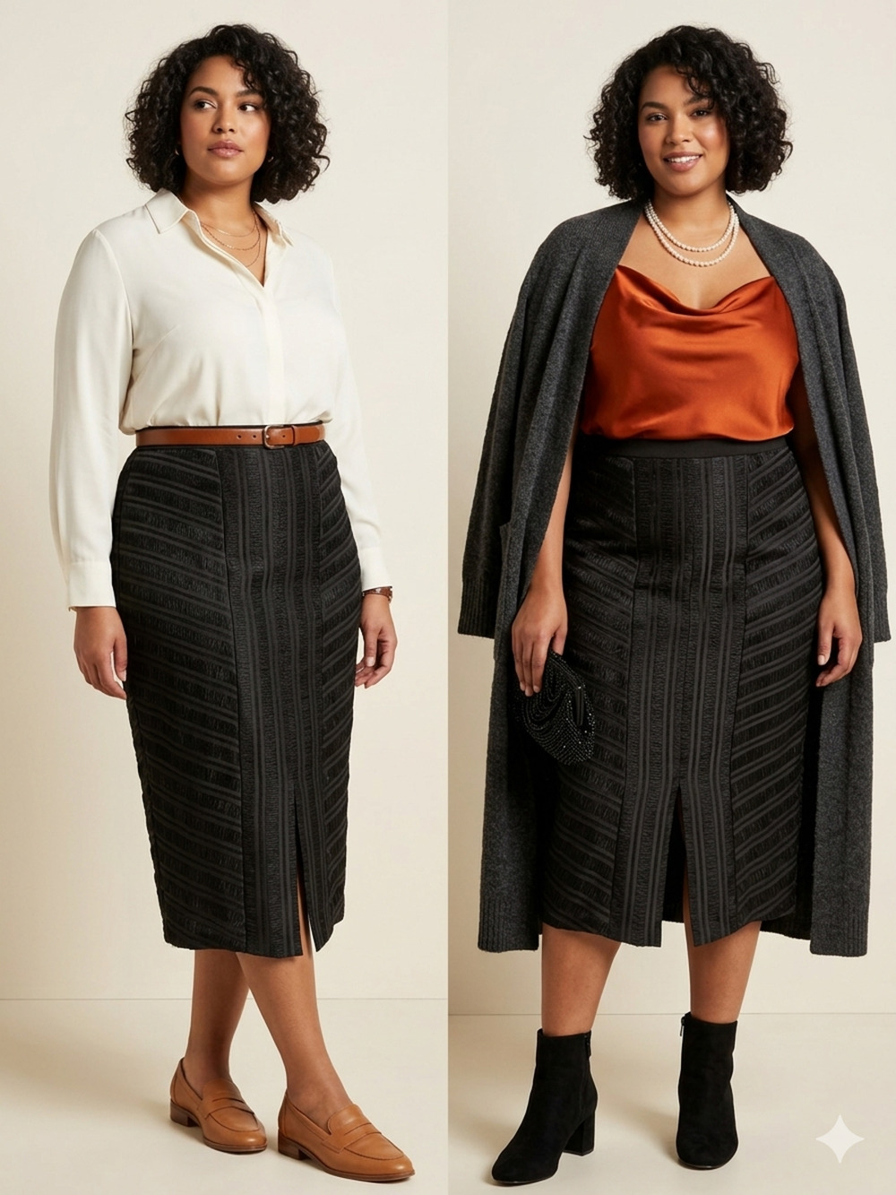 Black Pencil Midi Skirt Womens Front Slit Satin Striped textured Business Sz-2x